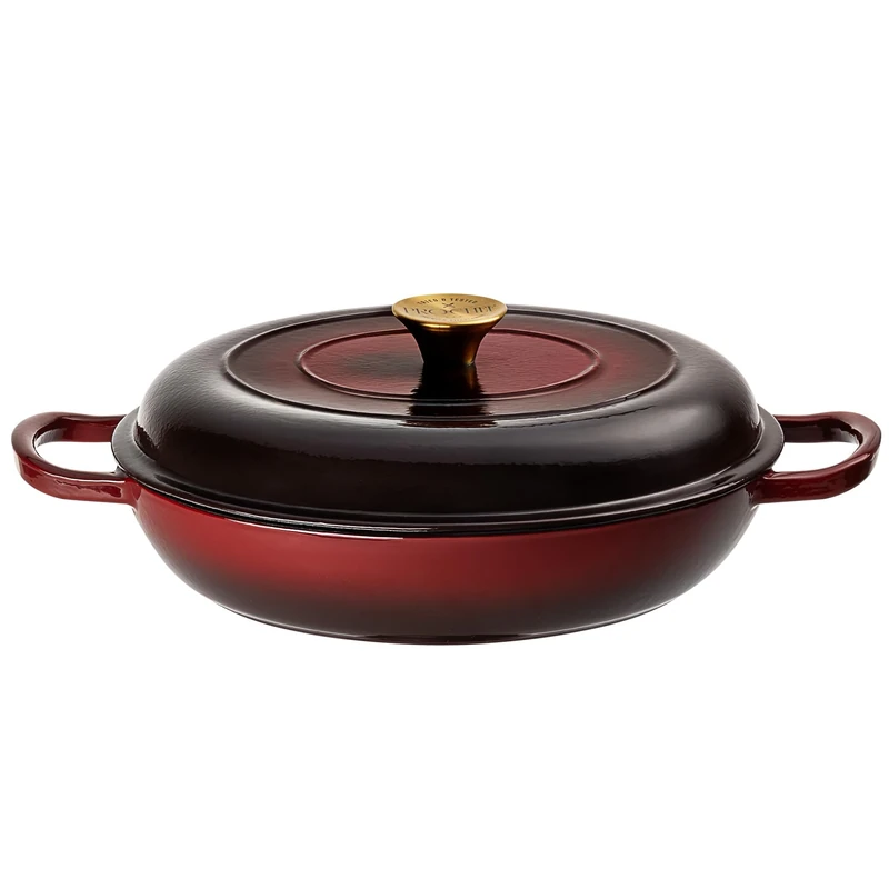 Prochef Enamelled Cast Iron Shallow Casserole Dish 30cm – Oven & Hob Safe Braiser Pan with Lid, Durable Easy-Clean Finish, Ideal for One-Pot Meals, Roasting, Stews & Slow Cooking, Garnet