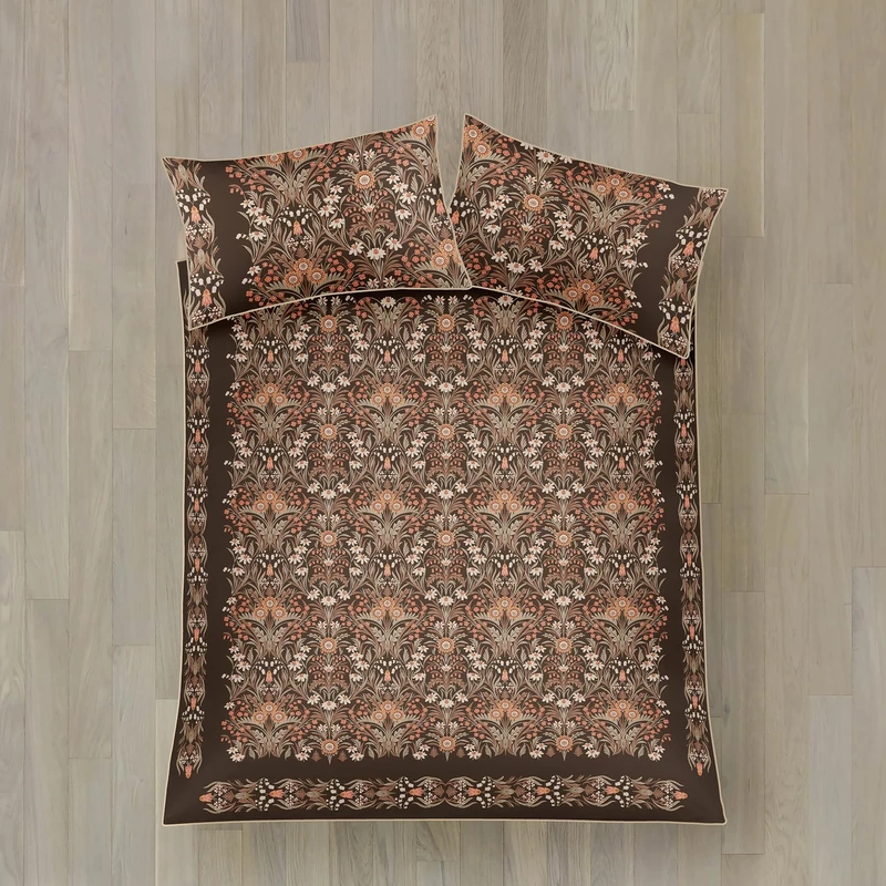 Appletree Heritage Duvet Cover Set, 100% Cotton Sateen, King Size 230x220cm, Chocolate, Floral Pattern, 200 Thread Count, 2 Pillowcases, Orange