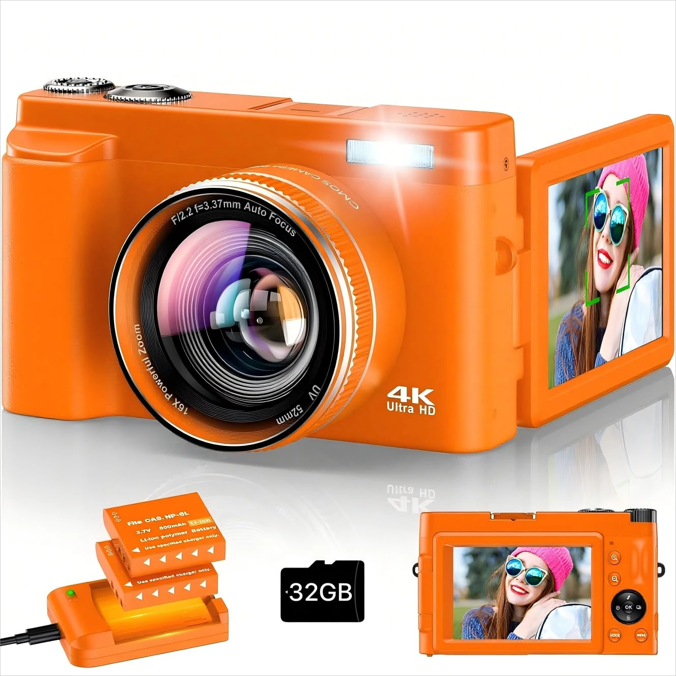 Digital Camera 4K, 48MP 16X Autofocus Digital Zoom Photo Camera, 3 Inch 180° Flip LCD Screen HD Compact Vlog Camera with Charging Station, 2 * 800 mAh Batteries, 32GB Card for Beginners, Children