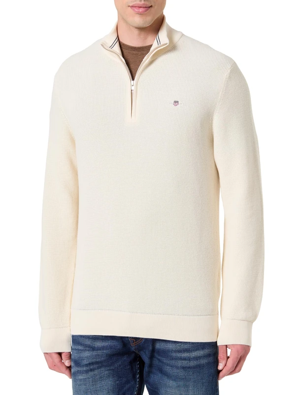 GANT Men's Micro Textured Cotton Half Zip Pullover Sweater, Cream, 3XL