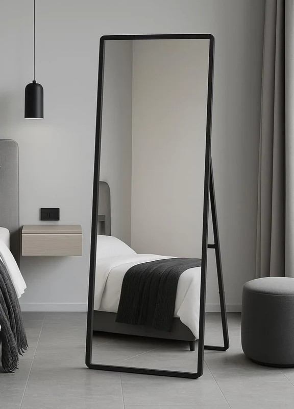 MirrorOutlet The Naturalis - Solid Black Oak Rounded Corners Modern Full Length Cheval Mirror 67" X 23" (170CM X 58CM) 48m deep frame Premium Mirror Glass with Black Backing. Scandinavian Inspired!