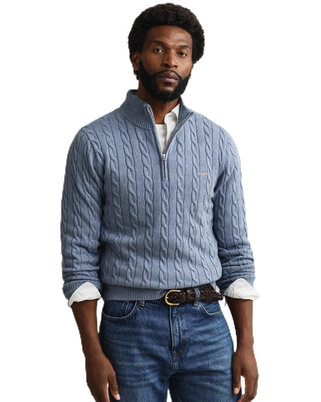 GANT Cotton Cable Half Zip Faded Denim