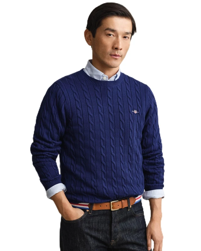 GANT Men's Cotton Cable C-Neck Sweater, Rich Navy, M