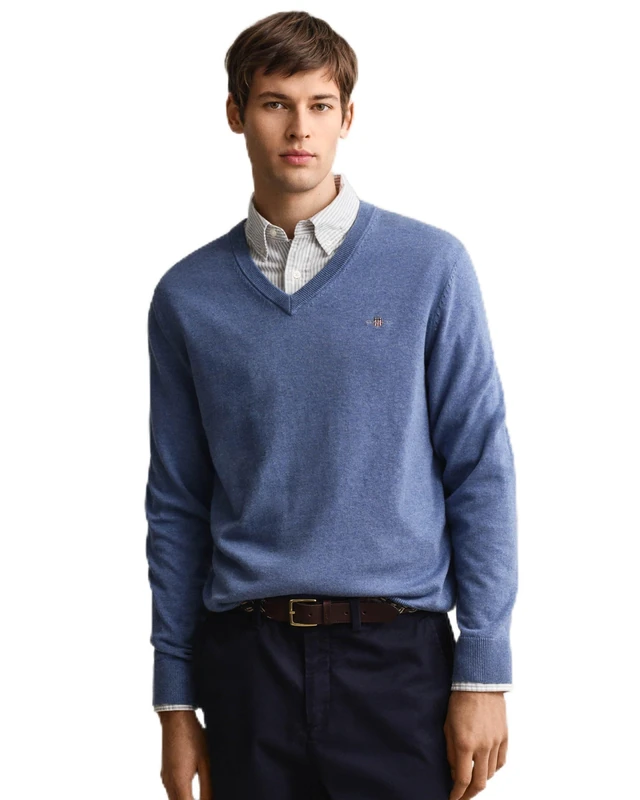 GANT Men's Classic Cotton V-Neck Pullover Sweater, Denim Blue Melange, 3XL