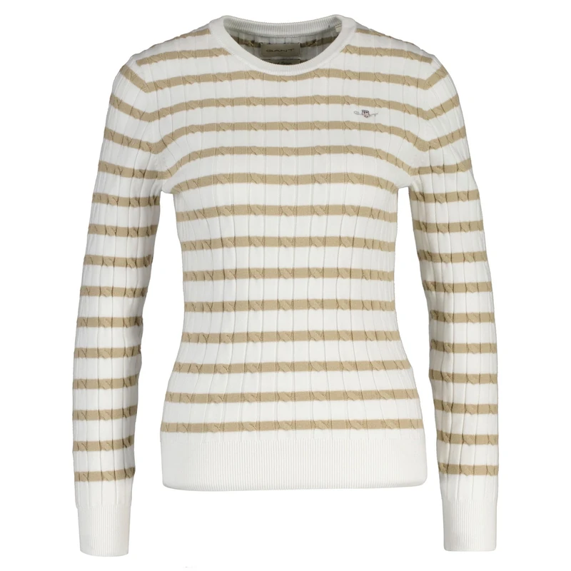 GANT Women's Stretch Cotton Cable Stripe C-Neck Pullover Sweater, Oat Beige, L