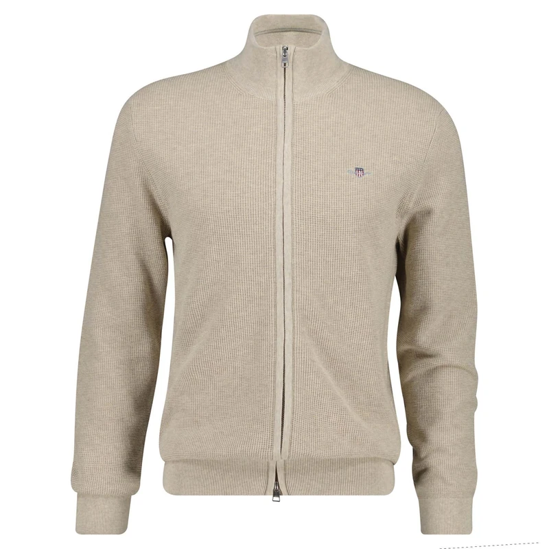 GANT Men's Micro Textured Cotton Zip Cardigan Sweater, Oat Melange, XL - Image 1