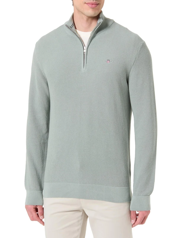 GANT Men's Micro Textured Cotton Half Zip Pullover Sweater, Ceramic Grey, XL