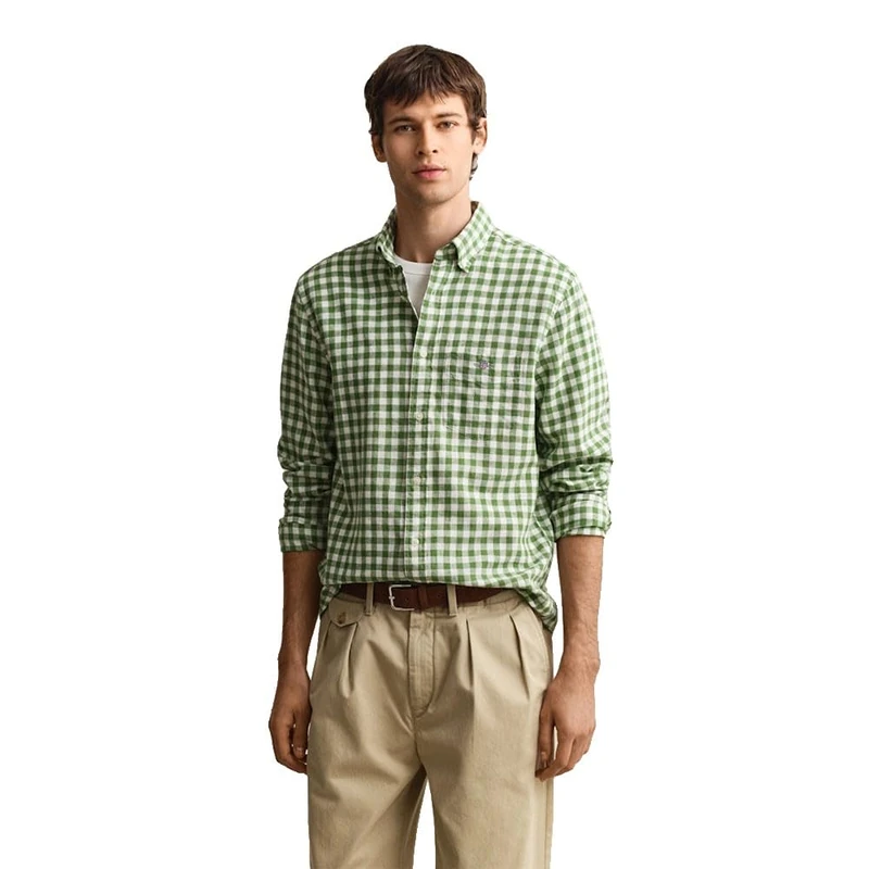 GANT Men's Reg Cotton Linen Gingham Shirt, Dry Herb Green, L - Image 1