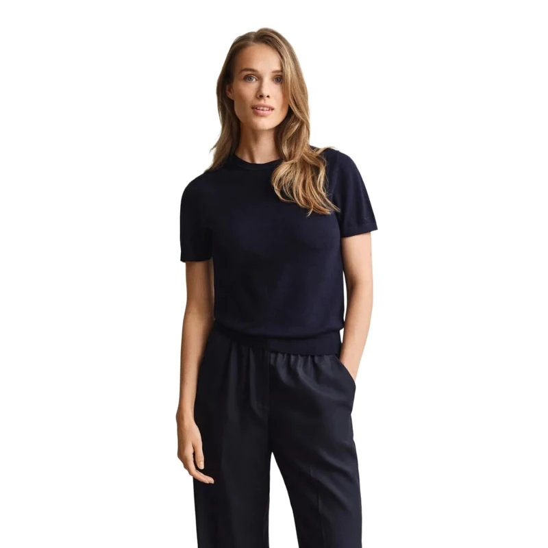 GANT Women's Ribbed Knit Cotton C-Neck Pullover Sweater, Evening Blue, XL