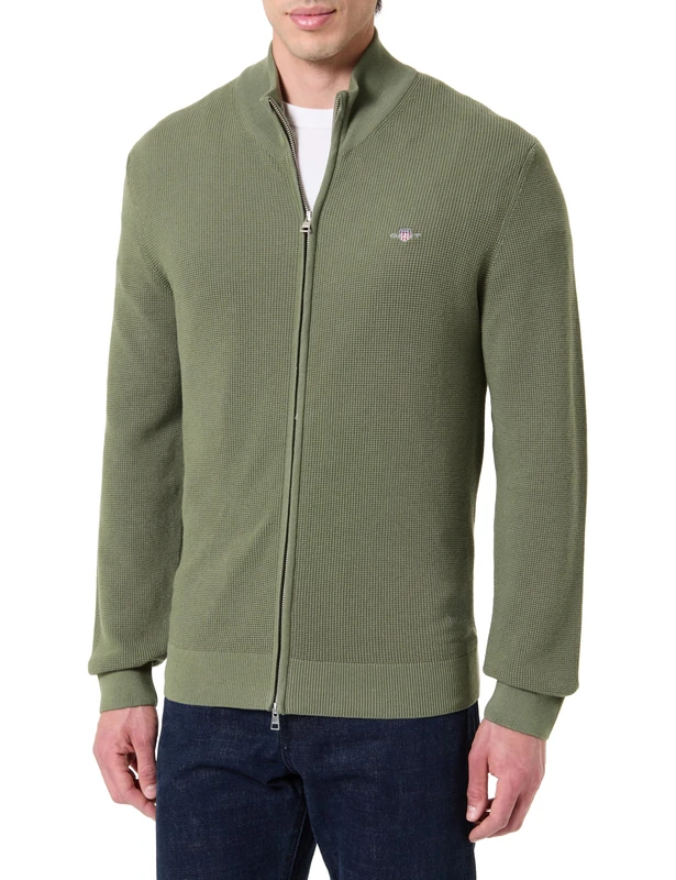 GANT Men's Micro Textured Cotton Zip Cardigan Sweater, Dry Herb Green, L