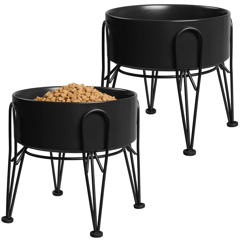 Kitwinney Elevated Dog Bowls, Ceramic Raised Dog Bowl Set with Anti-Slip and Non-Tip Metal Stand, 2 Pack Pet Food and Water Feeding Bowls for Small and Medium Dogs (Black,7.6 Cups)