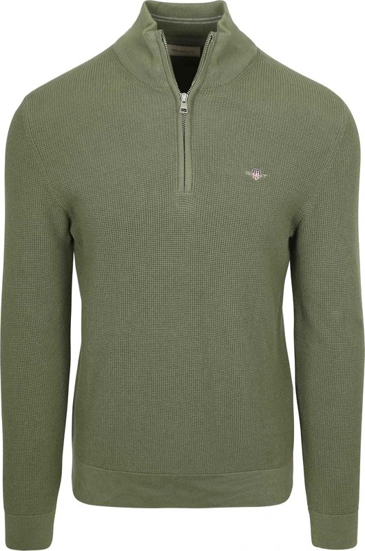GANT Men's Micro Textured Cotton Half Zip Pullover Sweater, Dry Herb Green, L