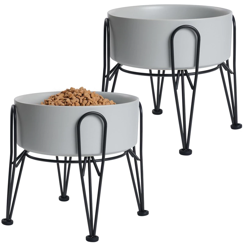 Kitwinney Elevated Dog Bowls, Ceramic Raised Dog Bowl Set with Anti-Slip and Non-Tip Metal Stand, 2 Pack Pet Food and Water Feeding Bowls for Small and Medium Dogs (Gray,7.6 Cups)