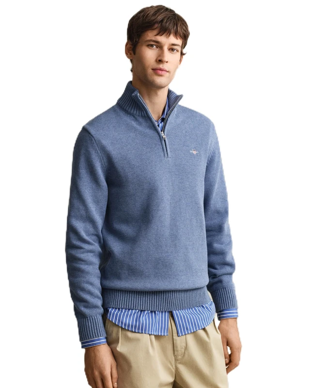 GANT Men's Casual Cotton Half Zip Pullover Sweater, Denim Blue Melange, XXL
