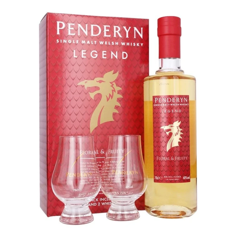 Penderyn Legend, Single Malt Welsh Whisky Gift Pack - 40% ABV,70 cl, Gift box with 2 x Branded Nosing Glasses, Presented in Premium Gift Box, Crafted in Wales