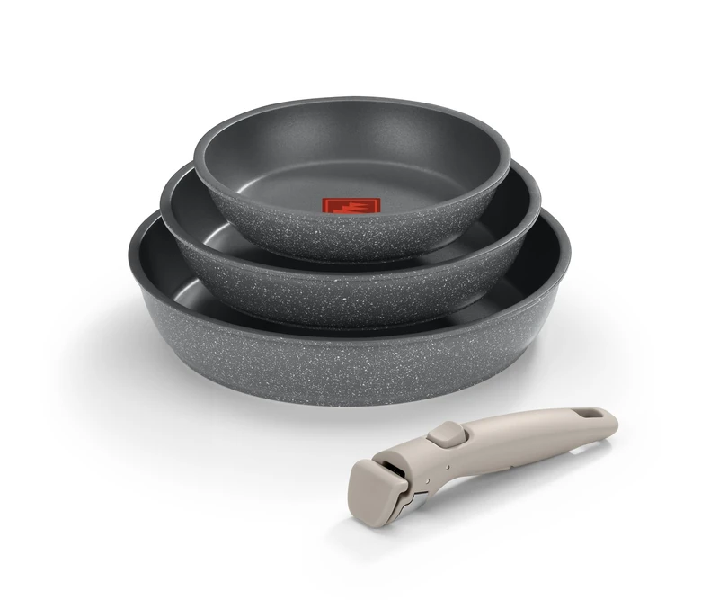 MONIX One Click Pietra | Set of 3 Stackable Frying Pans 20-24-26 cm, Non-Stick, Detachable Handle, Thermonix Temperature Indicator, PFOA Free, Suitable for All Types of Kitchens