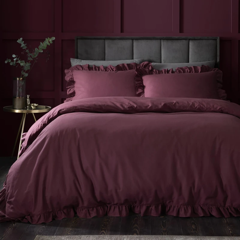 Appletree Hygge Cotton Duvet Cover Set, Double Size 200x200cm, Berry, 100% Cotton, 144 Thread Count, Plain with Frilled Border, Orange - Image 1