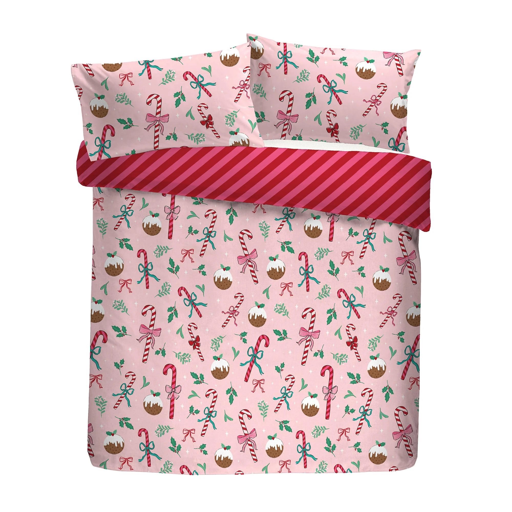 Fusion Festive Fancy Christmas Duvet Cover – Single Size 140x200cm – Reversible Pink Bedding with Candy Cane & Mistletoe Print – 1 Pillowcase – Soft Cotton Blend