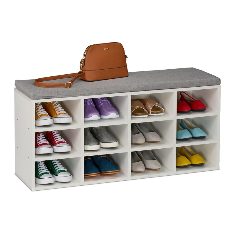 Relaxdays Shoe Bench, 12 Compartments, 49.5x104x31 cm, Padded Seat, for Hallway & Bedroom, Footwear Storage, White/Grey