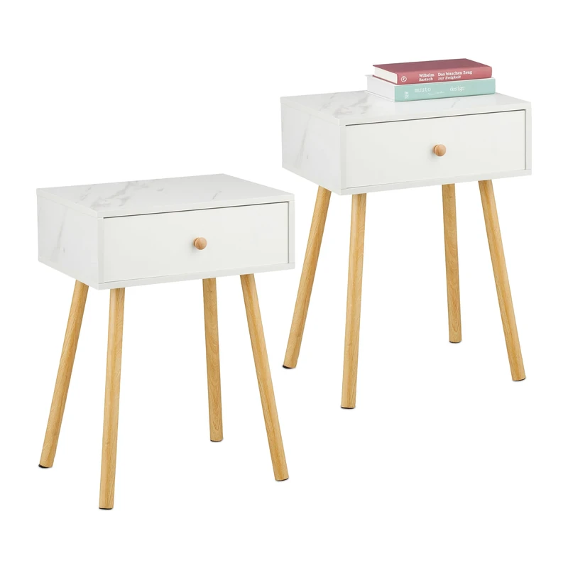 Relaxdays Bedside Table, Set of 2, with Drawer, Marble & Wood Look, 55 x 40 x 32 cm, Bedroom Nightstand, White/Natural