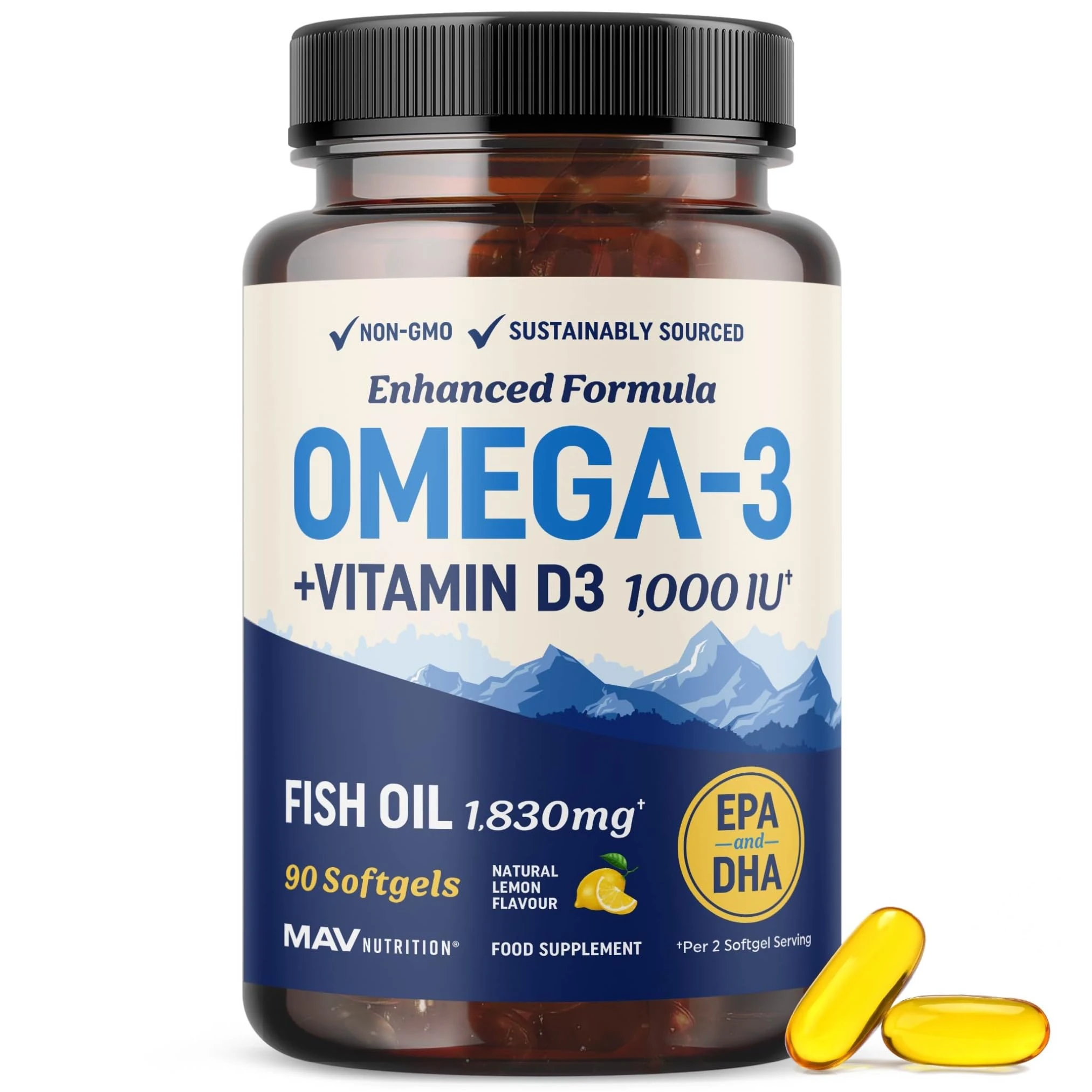 Omega 3 Fish Oil with Vitamin D3 | 1280MG Omega-3 + 1000IU VIT D3 for Heart, Immune & Bone Health Support | EPA DHA Omega 3 Supplement | Sustainably Sourced, Non-GMO Fish Oil Vitamin D | 90 Softgels