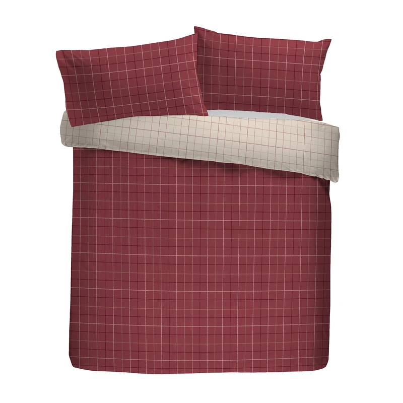 Dreams & Drapes Lodge Wynn Brushed Cotton Duvet Cover Set, 100% Cotton, Super-King 260x220cm, Burgundy, Checkered Pattern, Reversible