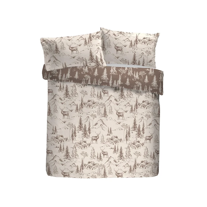 Dreams & Drapes Lodge Alpine Stag Brushed Cotton Duvet Cover Set, 100% Cotton, Super-King 260x220cm, Natural, Hand-Drawn Mountain Lodge Print, Orange