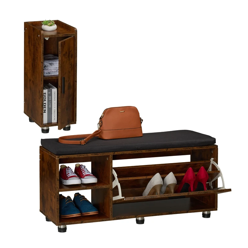 Relaxdays Shoe Bench & Cabinet, 2-Piece Set, Footwear Storage with Seat, Cupboard, Hallway & Bedroom, Brown/Black