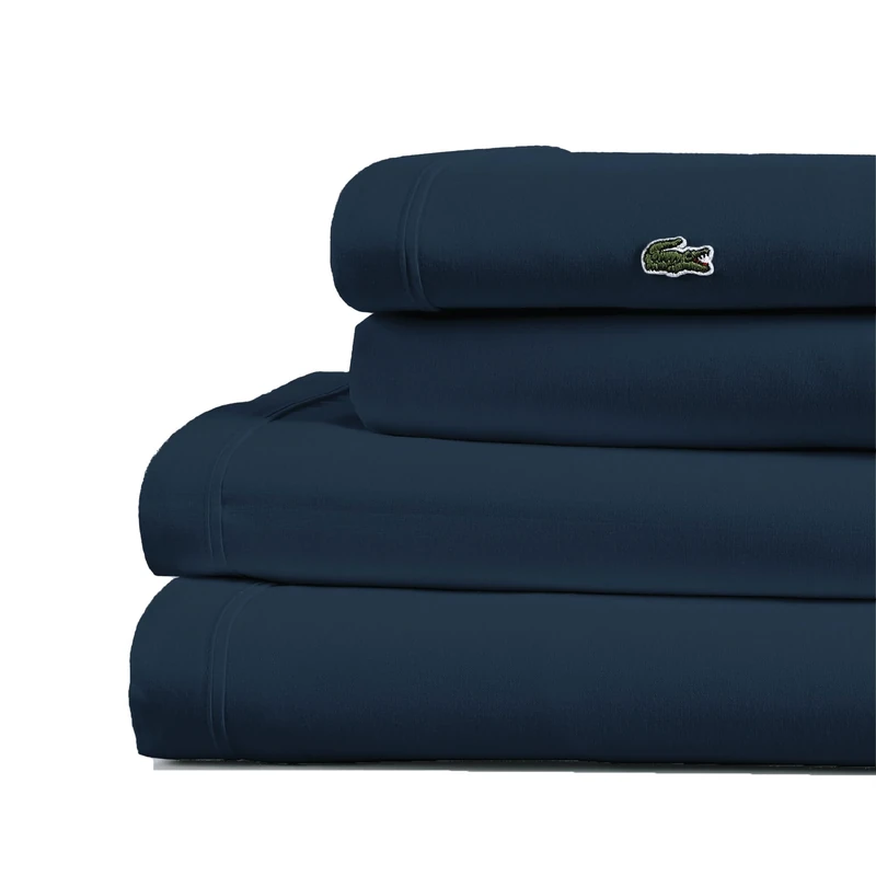 Lacoste 100% Cotton Percale 4-Piece Sheet Set – Cool, Crisp, Matte, and Durable, Oeko-Tex Certified – Solid, Navy, King