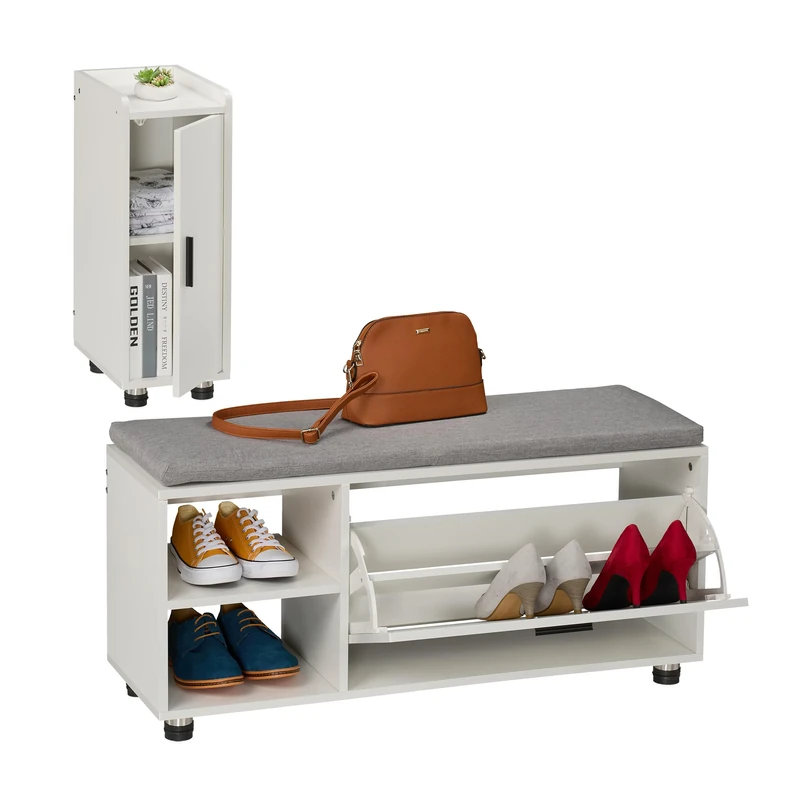 Relaxdays Shoe Bench & Cabinet, 2-Piece Set, Footwear Storage with Seat, Cupboard, Hallway & Bedroom, White/Grey