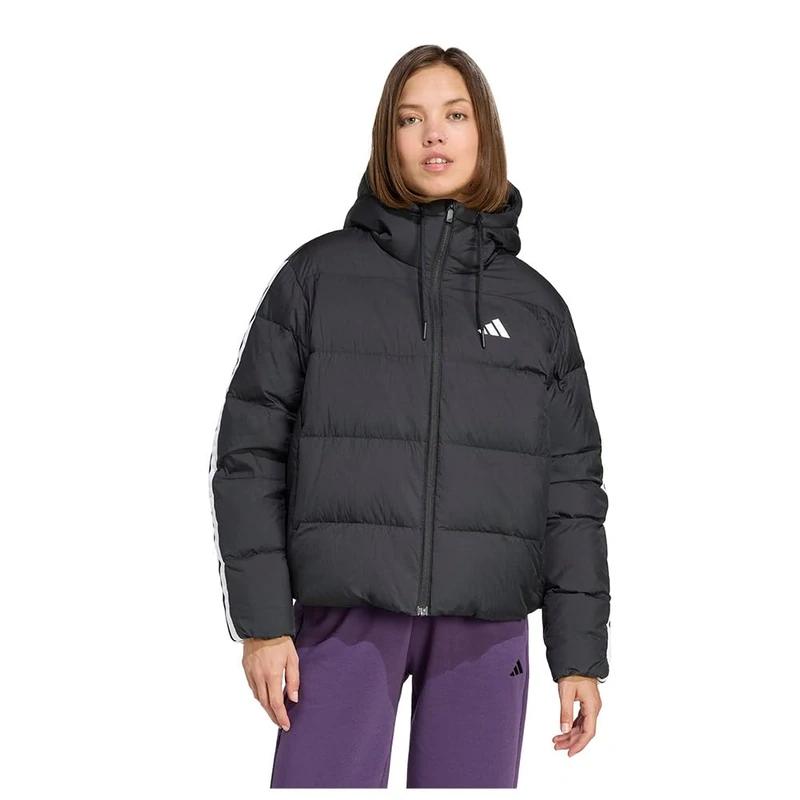 adidas Women's Essentials Climawarm 3 Stripes Puffer Down Hooded S Coat, black, S