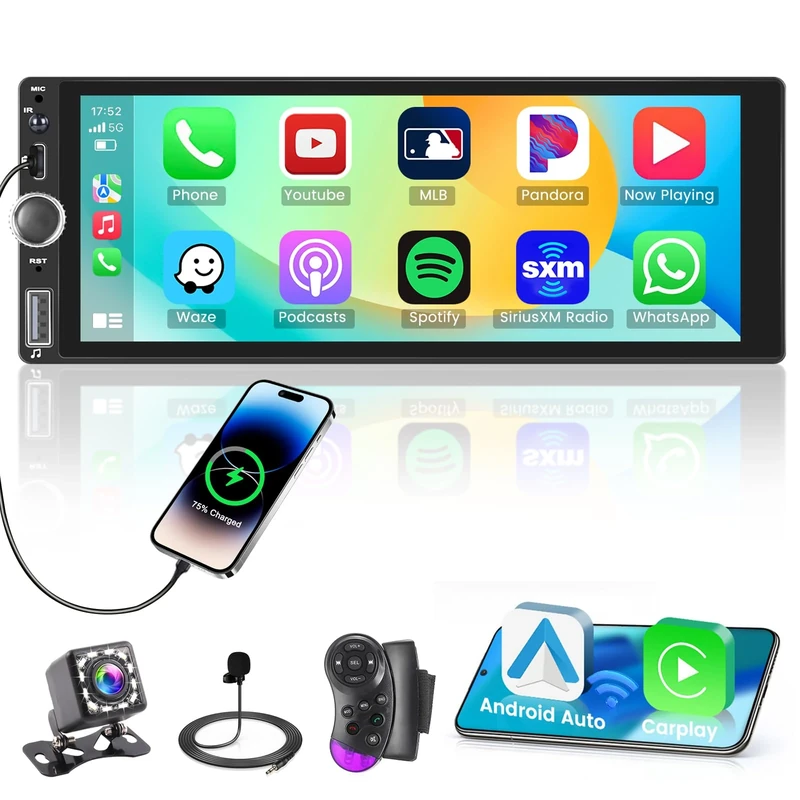 Inefala RDS Single Din Wireless Carplay Car Stereo Android Auto 6.86" Touch Screen Car Radio Bluetooth FM EQ Backup Camera USB Type-C SWC