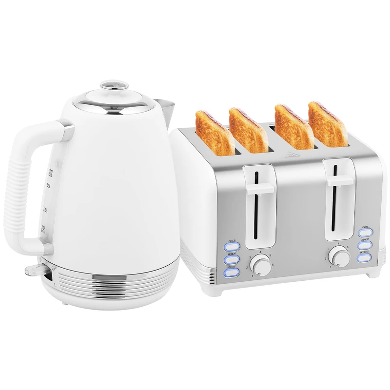 HOMCOM Stainless Steel Kettle and Toaster Set, 1.7L 3000W Rapid Boil Jug Kettle with UK Strix Thermostat, Limescale Filter, 4 Slice Toaster with 7 Browning Controls, Crumb Tray, White and Silver Tone