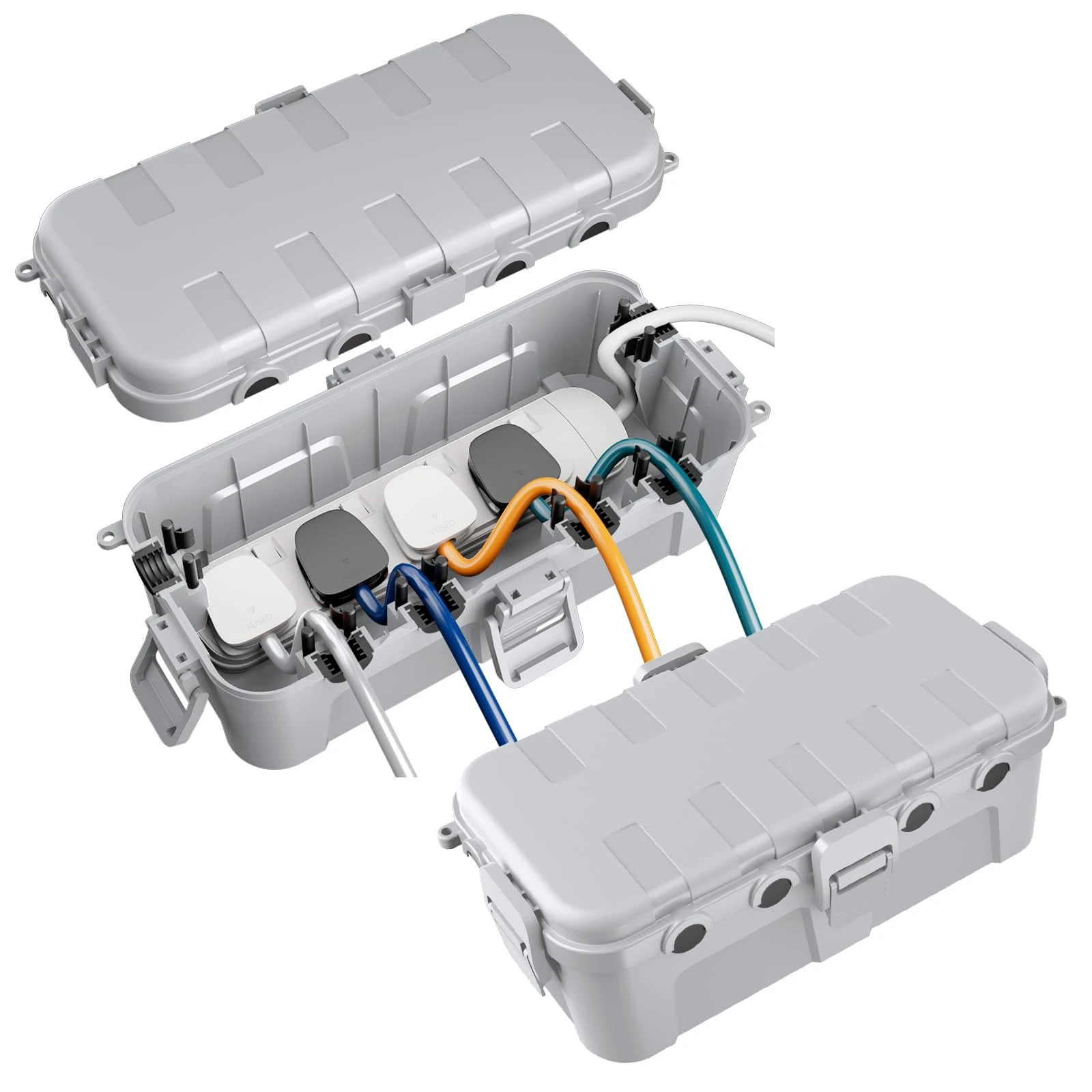 [2 PACK] RESTMO Outdoor Waterproof Box (29 × 13.2 × 10cm), IP54 Weatherproof Electrical Box for Multi Plug Extension Lead, Protect Outlet, Plug, Holiday lights from Water, Snow, Dust, Light Grey