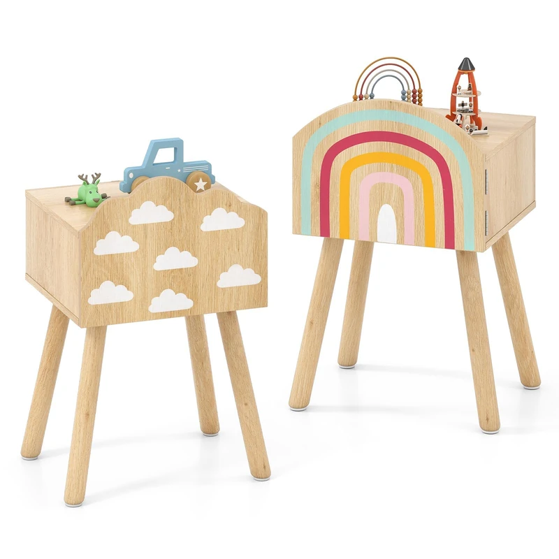 FANTASK Children's Bedside Table, Set of 2 Bedside Table with Rainbow & Cloud Patterns, Small, Side Table, Cute Cabinet & Solid Wood Legs, Bedside Cabinet for Children's Room, 34 x 30 x 54 cm - Image 1