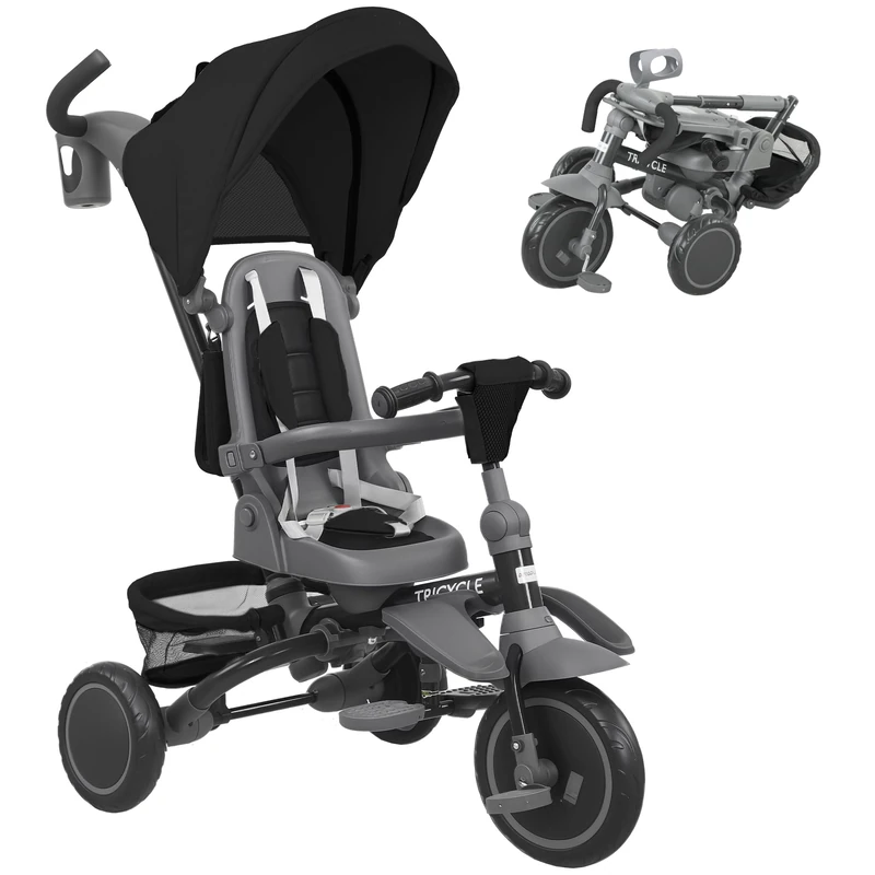 AIYAPLAY Kids Trike, Toddler Tricycle 6 in 1 Foldable Baby Trike with Adjustable Parent Handle & Canopy, Convertible Seat, 5-Point Harness, Storage Basket & Bag for Ages 1-5 Years, Black
