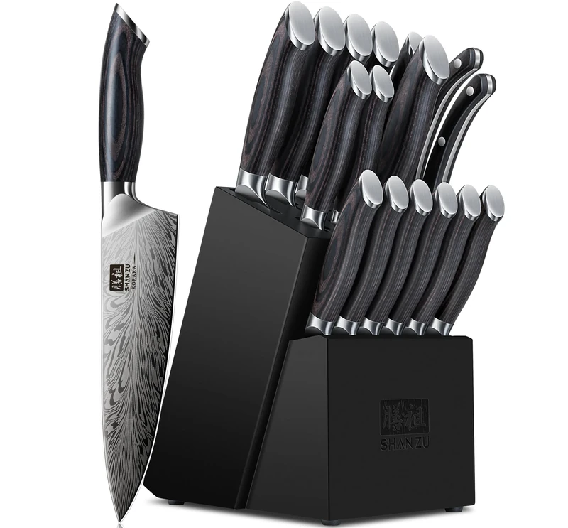 SHAN ZU 16 Pieces Kitchen Knife Sets, Japanese Knife Block Set in Powder Steel, High Carbon 63 HRC Chef Knives Set with Block Professional 12°Sharp Blade with Ergonomic Pakkawood Handle