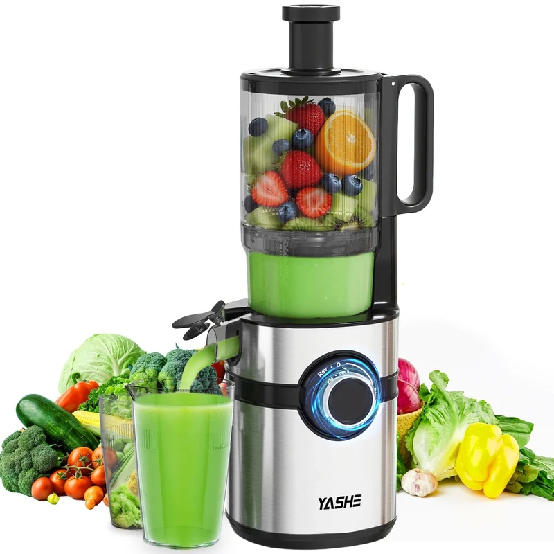 Cold Press Juicer, YASHE Juicer Machine with 5'' Large Feed Chute for Whole Vegetables and Fruits, Juice Maker with Self Feeding, High Juice Yield, Easy to Clean, Black