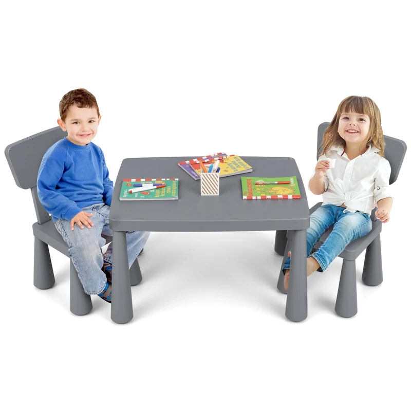 FANTASK 3-Piece Children's Table with 2 Chairs, Children's Furniture Made of Plastic, Children's Placemat, Children's Seating Set for Nursery and Children's Room (Grey)