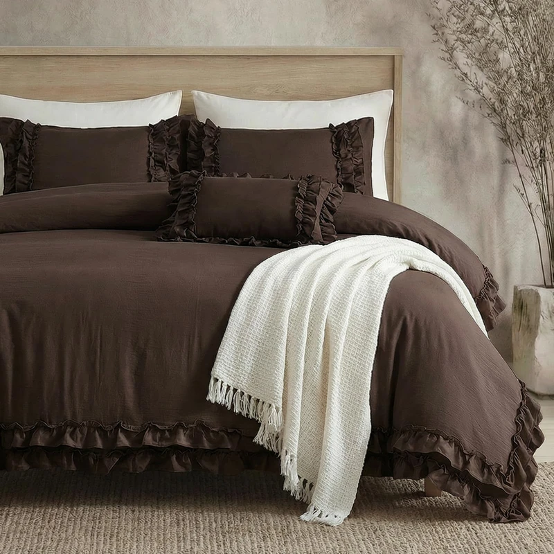 Dark Brown Duvet Cover Set Elegant Ruffled Bedding King Shabby Chic Lace Ruffle Boho Bedroom Decor Vintage Boho Style Chocolate Duvet Cover with Pillowcases