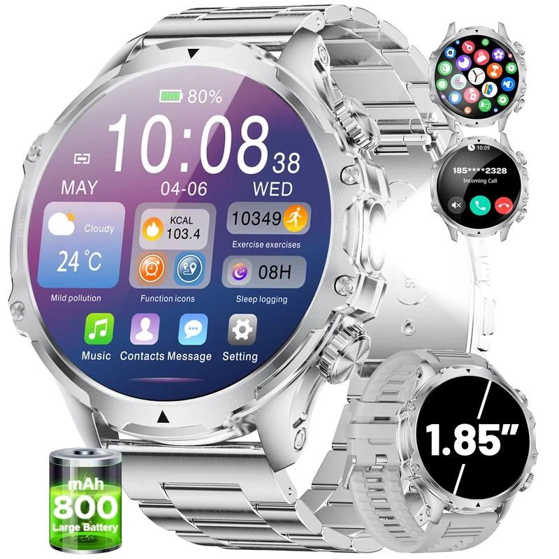 HIRREO Smart Watch for Men Answer/Make Calls 800mAh Big Battery 1.85" HD Large Roun Dial Male Smartwatch for iOS Android with Flashlight/Heart Rate/Sleep/SpO2 Monitor,100+ Sports Modes,Silver Steel