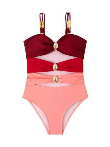 Generic Women's Cut Out Color Block One-Piece Swimsuit - Red Pink