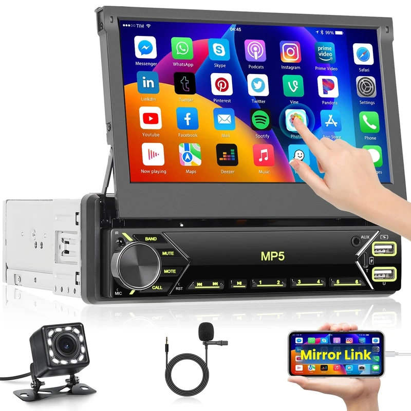 Inefala Single Din Touchscreen Radio 7'' Flip Out Screen Car Stereo with Bluetooth USB Type C Fast Charge Car Audio Receiver Backup Camera SWC FM MIC TF AUX IN EQ