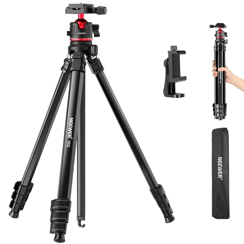 NEEWER Basics 66.5"/169 cm Travel Tripod for Camera, Lightweight Portable DSLR Stand with Ball Head, Arca Type QR Plate, Holder Compatible with Video Recording, Max Load 11 lb, TP12