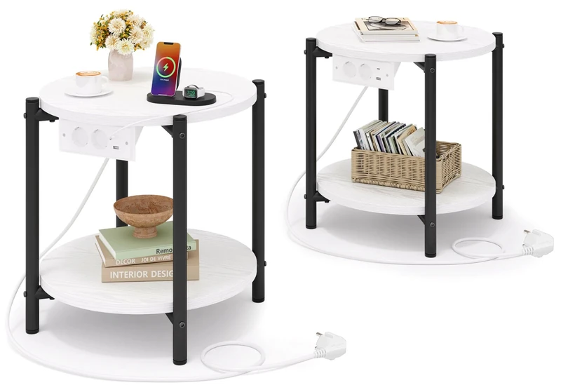 IRONCK Round Side Table, Coffee Table with Socket, Small Wooden Table, Living Room Table, 2 Shelves, Sofa Table, USB & Type-C Connection, Metal Frame, Bedside Table for Bedroom (White, 2 Pieces)