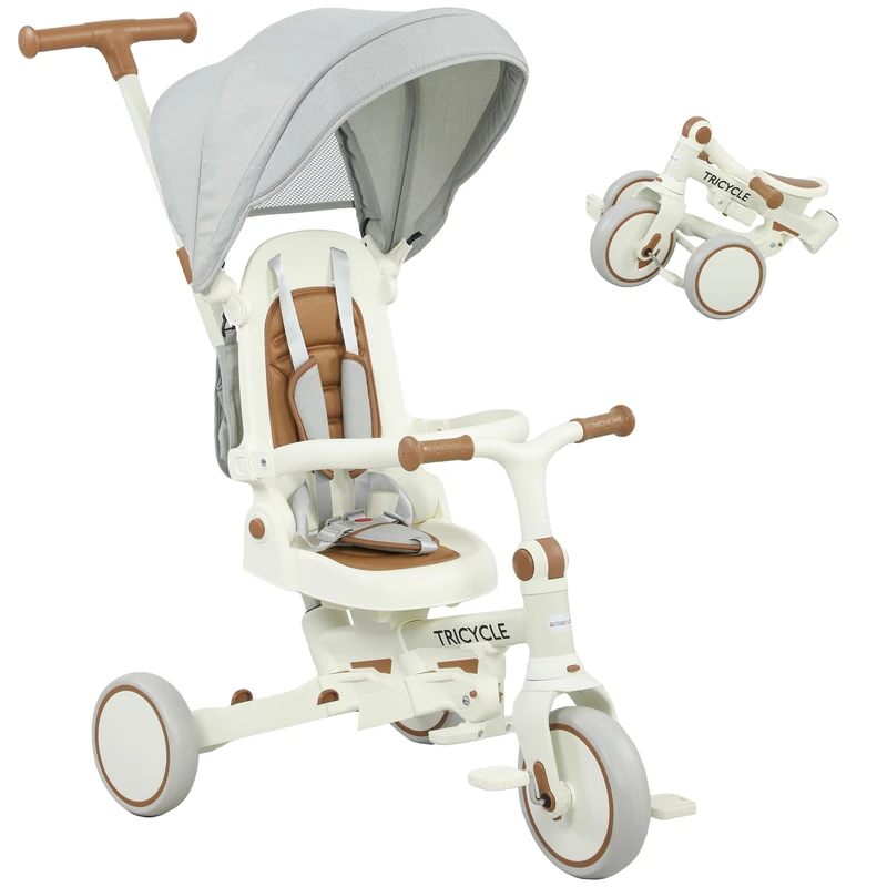 AIYAPLAY Kids Trike, Foldable Toddler Tricycle 5 in 1 with Adjustable Parent Handle & Removable Canopy, 5-Point Harness, Footrest, Storage Bag, for Ages 1-3 Years, Cream White