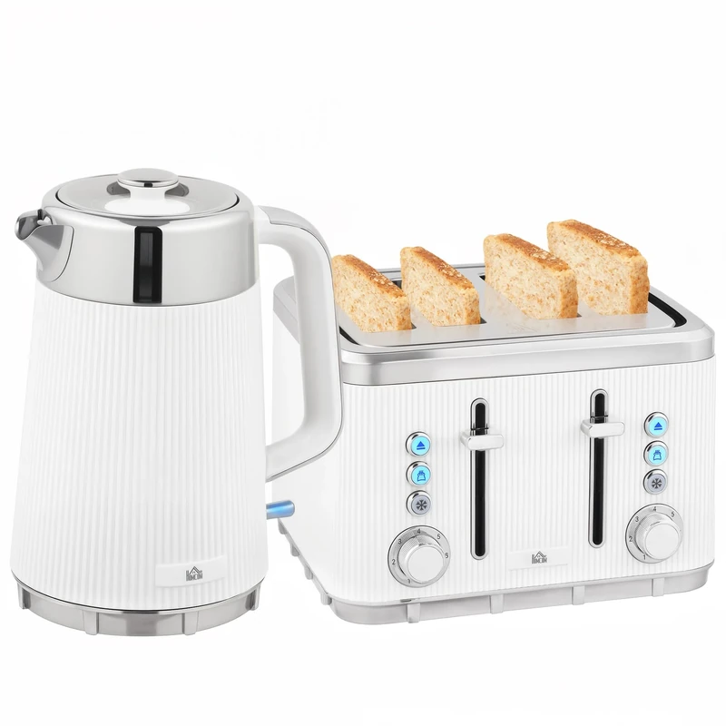 HOMCOM Electric Stainless Steel Kettle and Toaster Set, 3000W 1.7L UK Strix Thermostat Fast Boil Kettle w/Limescale Filter, Cool Touch Body, 4 Slice Toaster with 7 Browning Levels, Crumb Tray, White