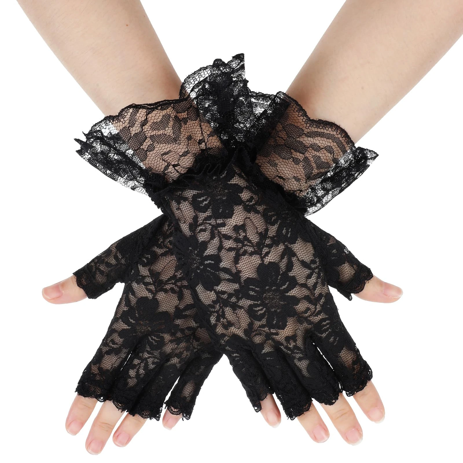 Ajcotahm Lace Gloves Women Black Lace Fingerless Gloves Short Elegant Wedding Bridal Party Halloween Costume Accessories