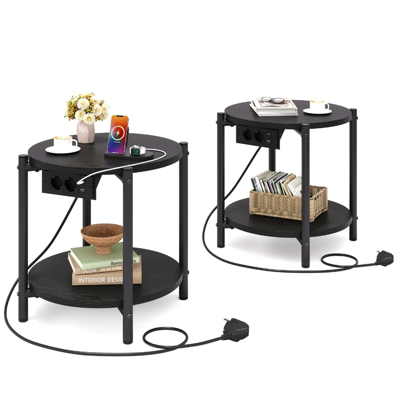 IRONCK Round Side Table, Coffee Table with Socket, Small Wooden Table, Living Room Table, 2 Shelves, Sofa Table, USB & Type-C Connection, Metal Frame, Bedside Table for Bedroom (Black, 2 Pieces)