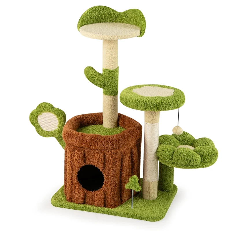 GYMAX Cat Tree for Indoor Cats, Multi-Level Kitty Tower with Trunk Condo, Flower Perch, Plush Napping Bed, Spring Toy, Pompom, Platforms, Scratching Posts, Pet Playhouse Activity Center (92cm Tall)